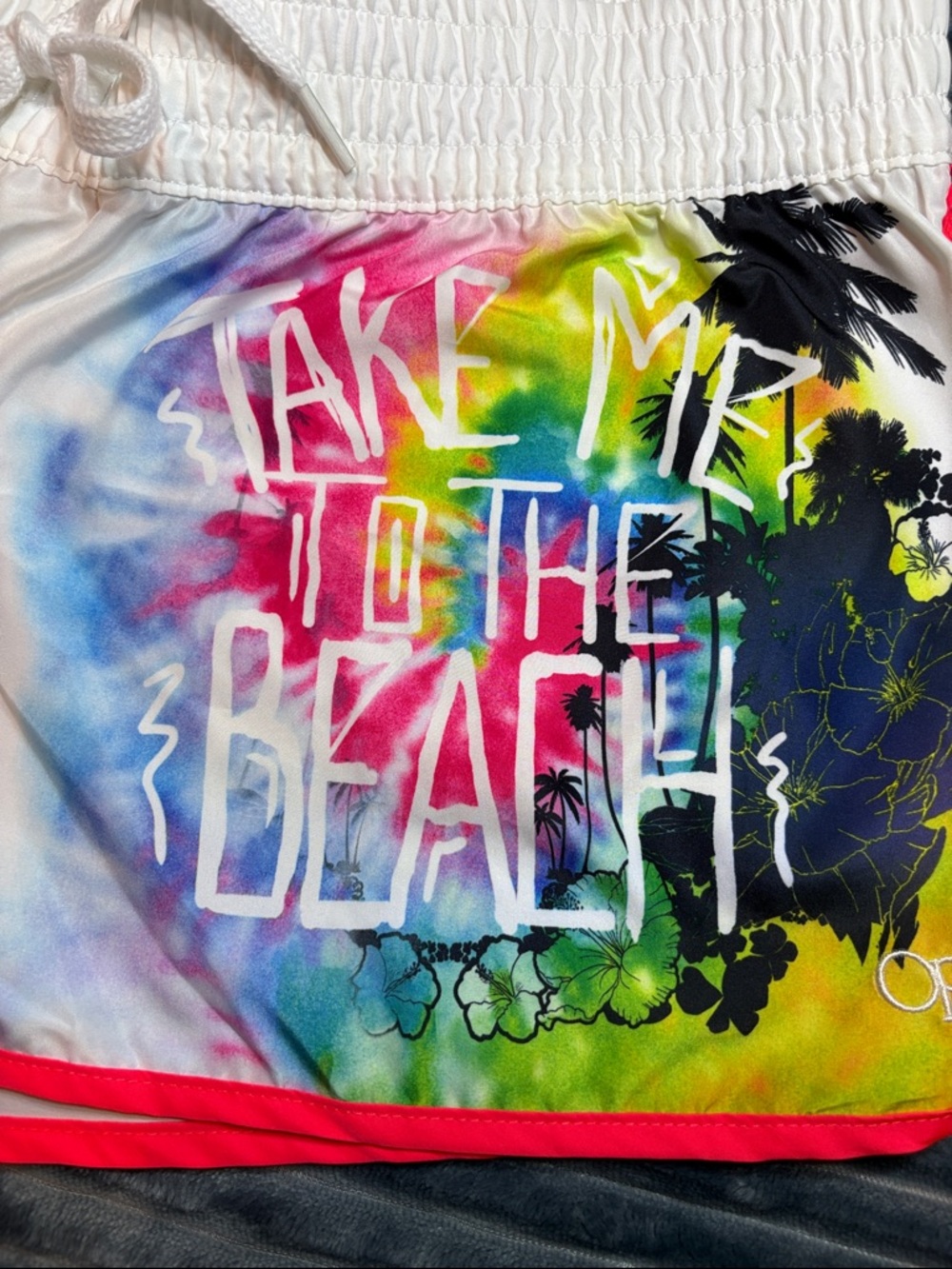 OP White Swim Board Shorts with Rainbow Beach Graphic and Pink Trim Size XL NWT - Picture 3 of 9